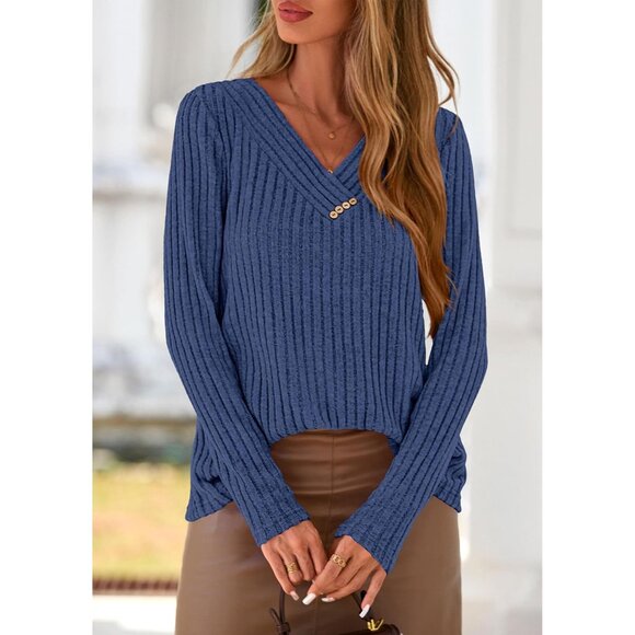 Women's Long Sleeve Ribbed V Neck Tunic Top Lightweight Fall Casual Blouse - Picture 6 of 8